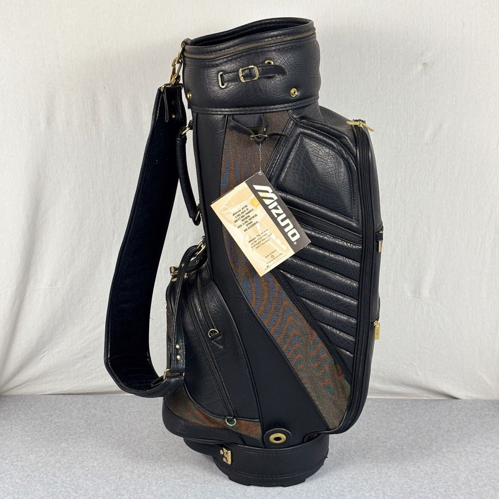 Vtg Mizuno Staff Golf Bag Black Faux Leather Tapestry 6-Way w Rain Hood 1999 NWT